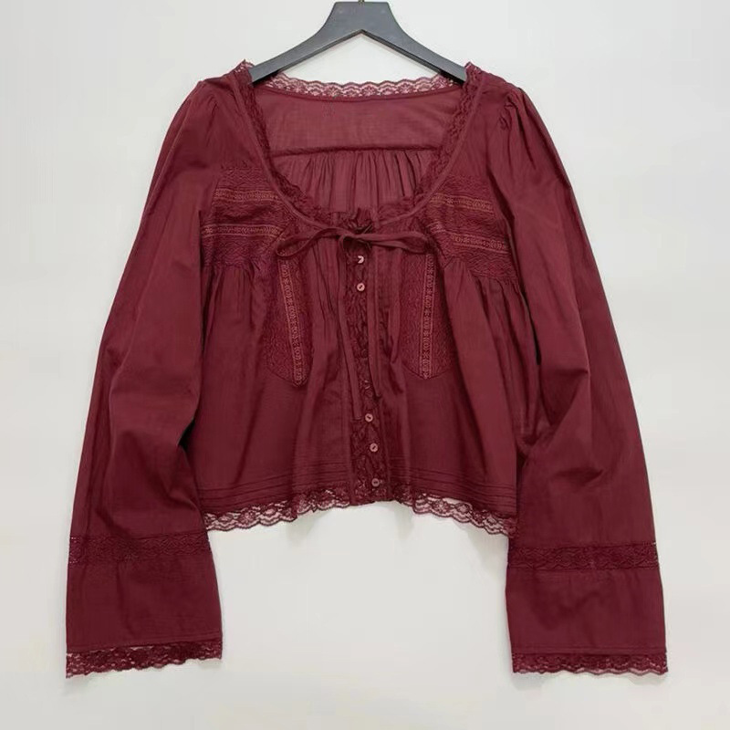 2026 Cross-Border New European and American Lace Lace-Up Front Blouse Women's Long-Sleeved Lace Lace-Up Top