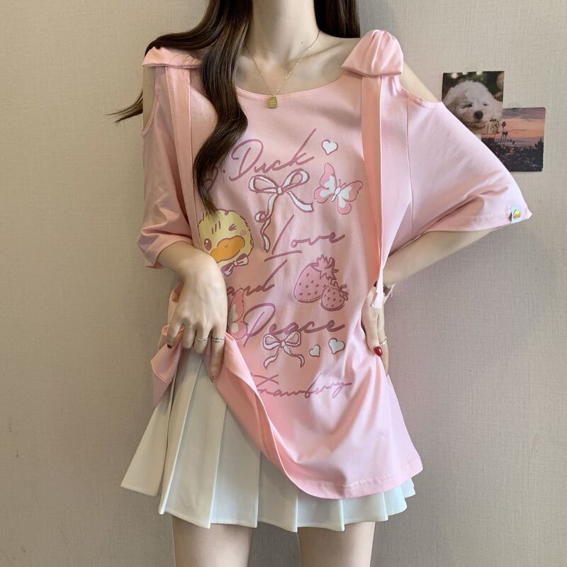大きいサイズのリボンオフショルダー黒半袖Tシャツ女性用2025年夏新作ファットmmルーズスリミングトップ|undefined