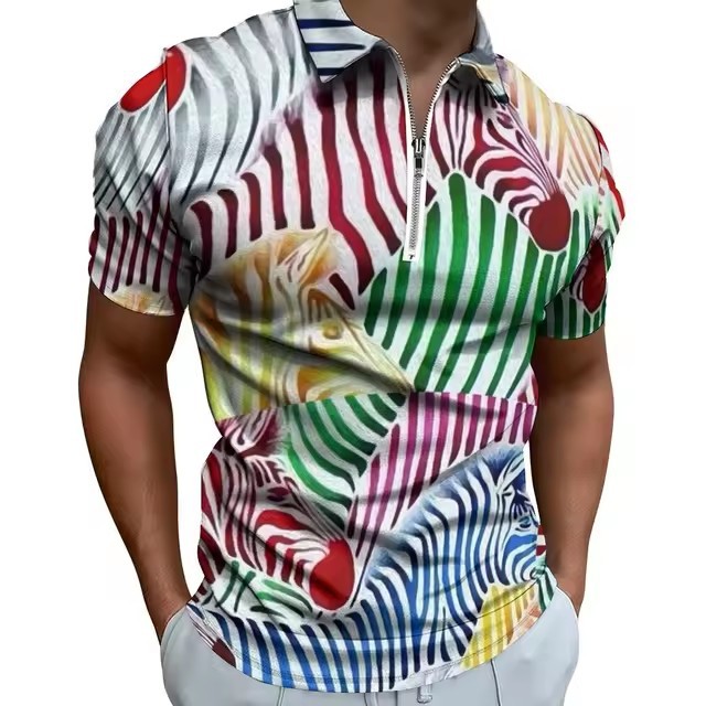 Camisa POLO con cremallera de manga corta suelta y transpirable con estampado 3D de graffiti a rayas irregulares de colores personalizados para hombres
