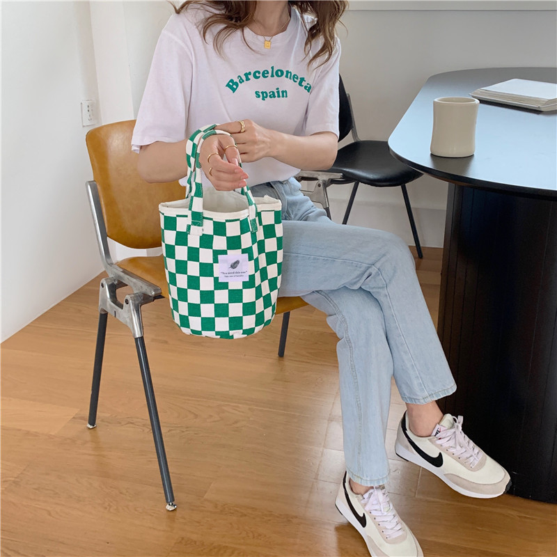 【 In Stock 】18181 checkerboard green checkered canvas bag, school-style commuter single-shoulder bag, retro hand-held tote bag undefined