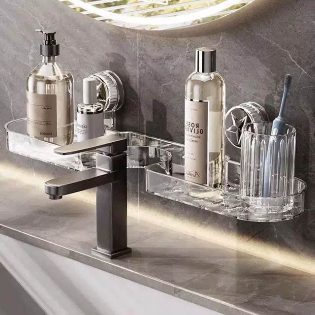 Стеллаж для хранения смесителя на присоске для умывальника, передняя часть зеркала в ванной комнате, ванная комната, настенный органайзер для дренажа без сверления.