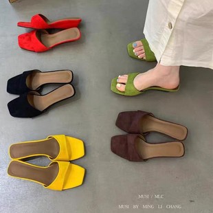2025 New Summer Style One-Line Suede Open-Toe Low Wedge Heel Lazy Half-Drag Vacation Beach Sandals for Women