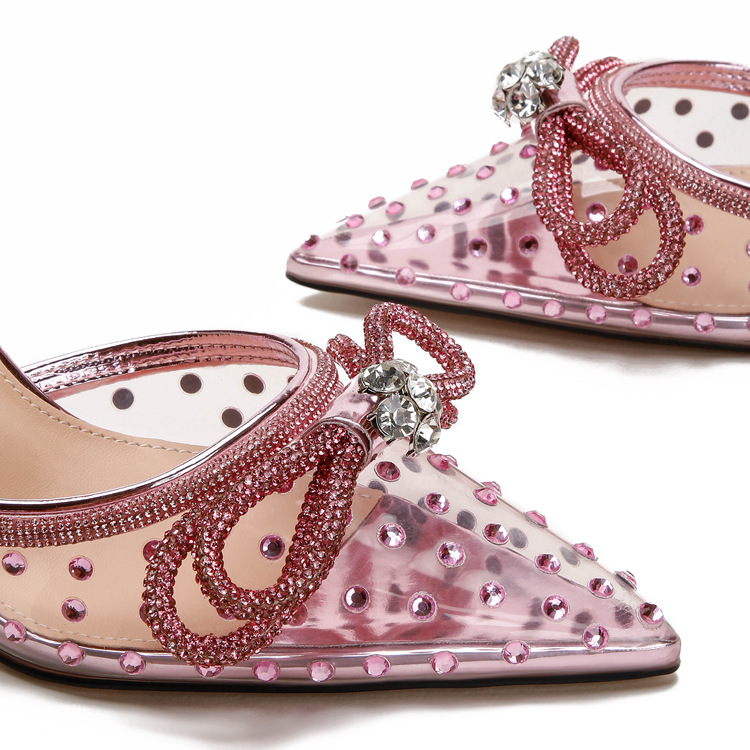 New rhine-diamond transparent high heel sandals women's fine heel pointed high heels with a line with a bun head_voghion.com