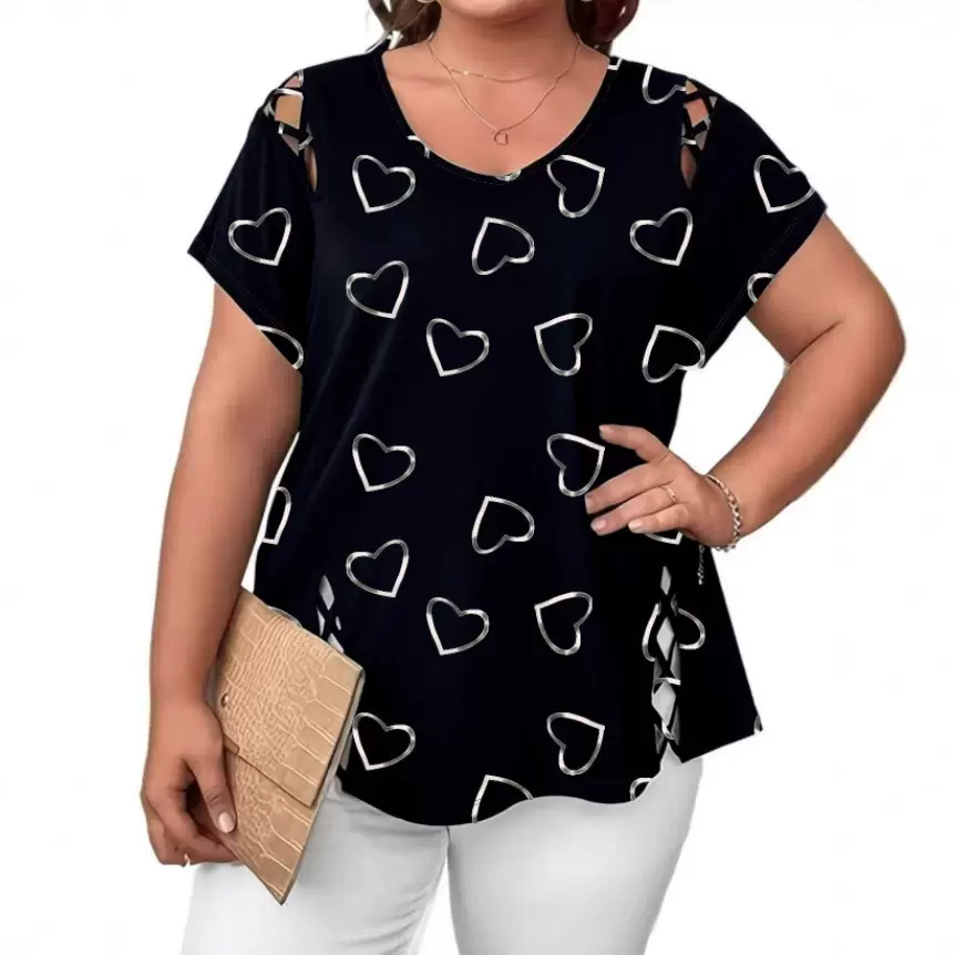 2025欧美跨境大码女装新款印花镂空绑带短袖宽松休闲T恤女式上衣