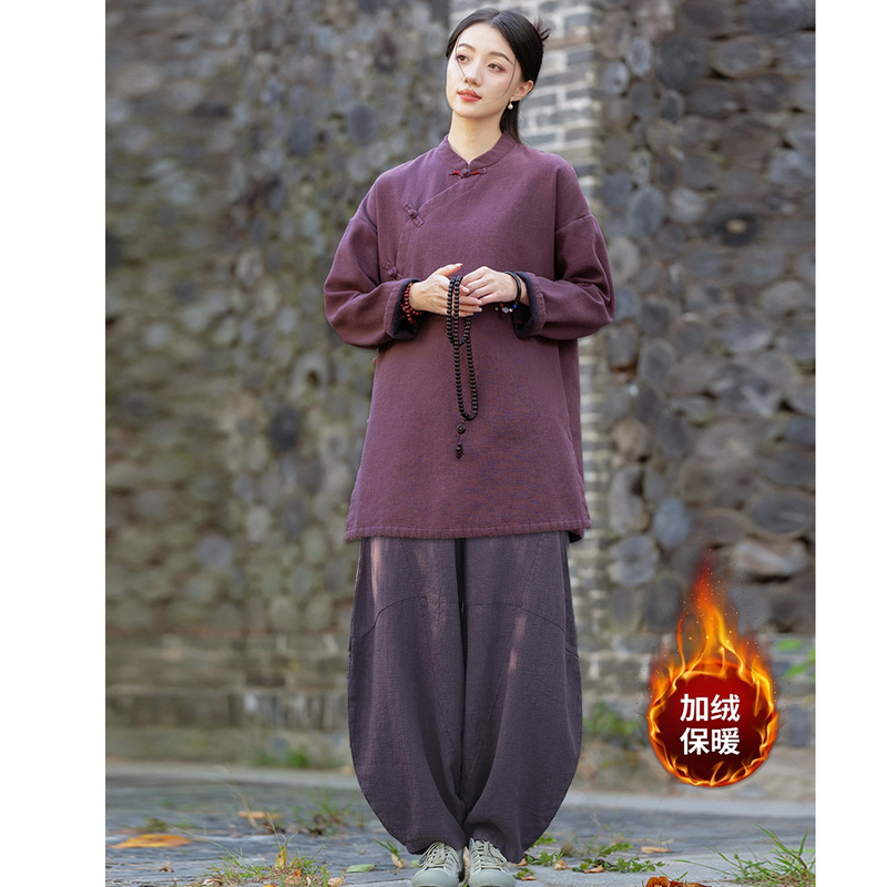 居士服女款秋冬加绒加厚棉麻上衣外套禅意佛系素衣套装打坐禅修服|undefined
