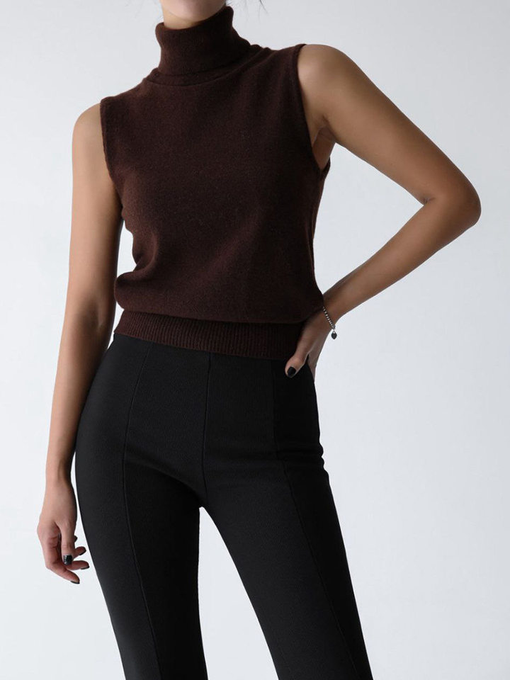 Bộ áo len dệt kim nữ cổ cao không tay kèm áo cardigan dáng suông — Áo vest màu nâu, Áo vest màu xám đậm, áo vest màu vàng, áo vest màu xanh chi tiết 76