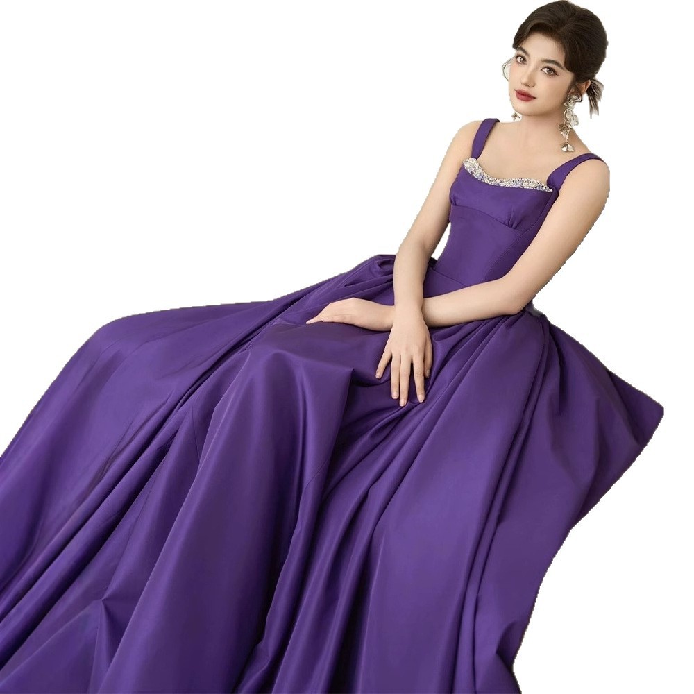 Purple string temperamento vestido de noche otoño 2025 nuevo estilo simple satén de fiesta de cumpleaños vestido elegante