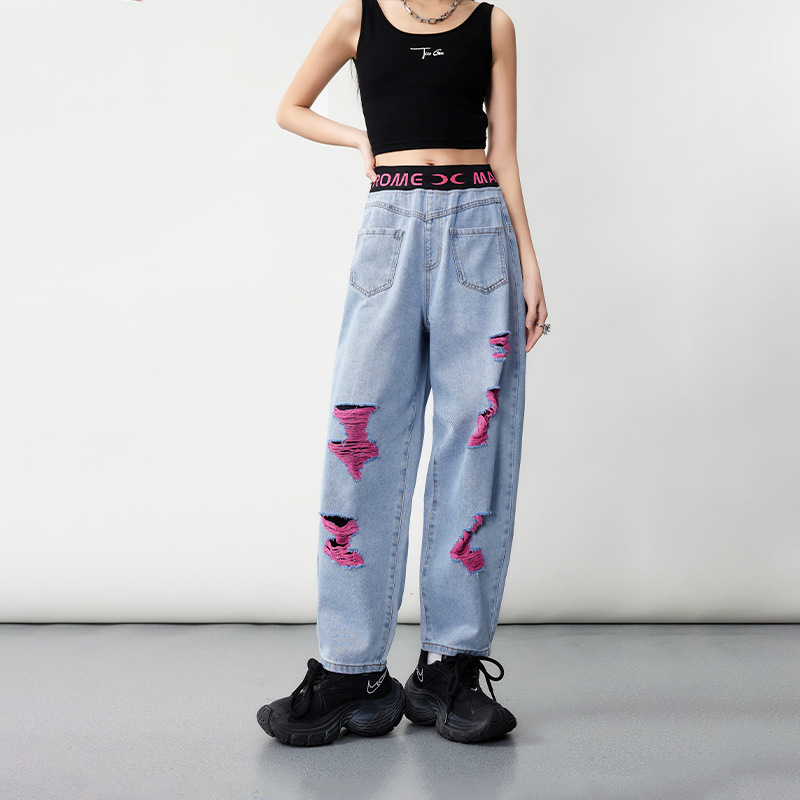 Tuogu Spring and Summer New Pink Ripped Jeans for Women, Stylish Loose Straight-Leg Pants, American-Style High-Waisted Casual Pants