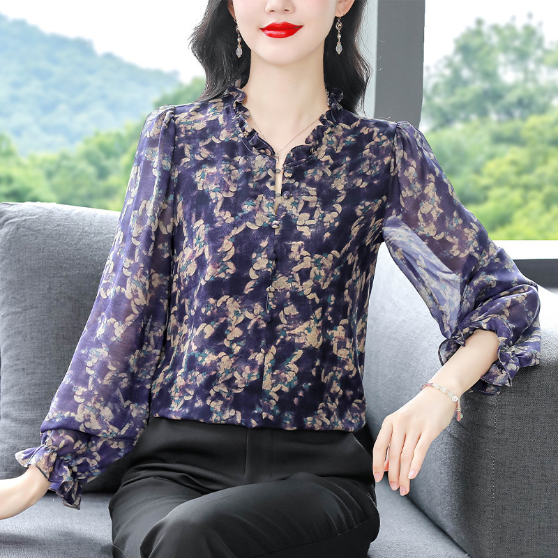 High-End Fashion Floral Blouse Versatile Women's Silk Long-Sleeve Top High-End Mulberry Silk Thin Plus Size for Moms