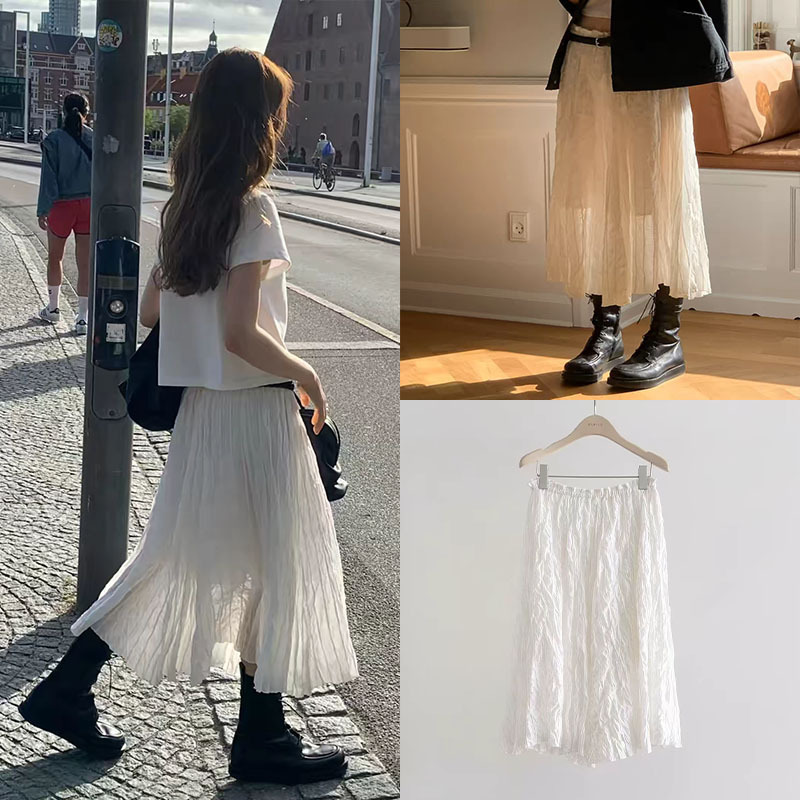 Fan Sun·Xh Korean-Style Design Pleated White Skirt Dongdaemun New Autumn Slimming A-Line Long Skirt for Women Fan Sun·Xh Korean-Style Design Pleated White Skirt Dongdaemun New Autumn Slimming A-Line Long Skirt for Women