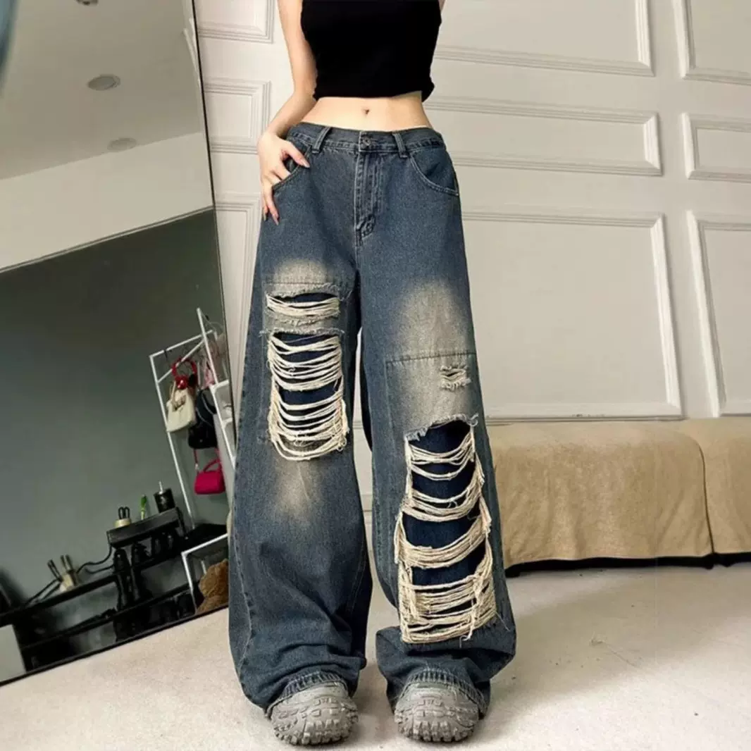 美式小众复古高街设计破洞牛仔裤女2025春秋季高腰宽松vibe拖地裤