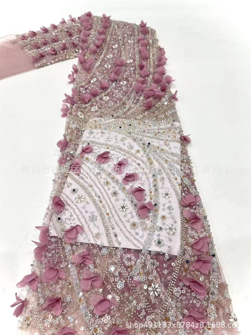 Tejido de bordado de tubo de perlas decalcado a mano diseño ligero lujoso de moda espectáculo de escenario vestido de tela de encaje