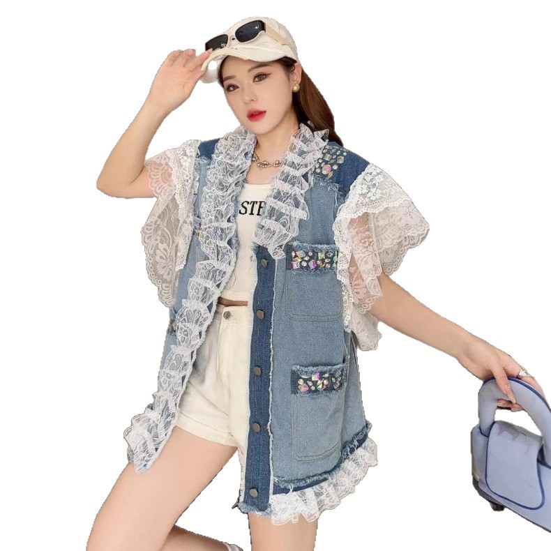 Diseño pesado diamante de cuello V chaleco denim de verano nuevo encaje suelto chaqueta sin mangas de lótus