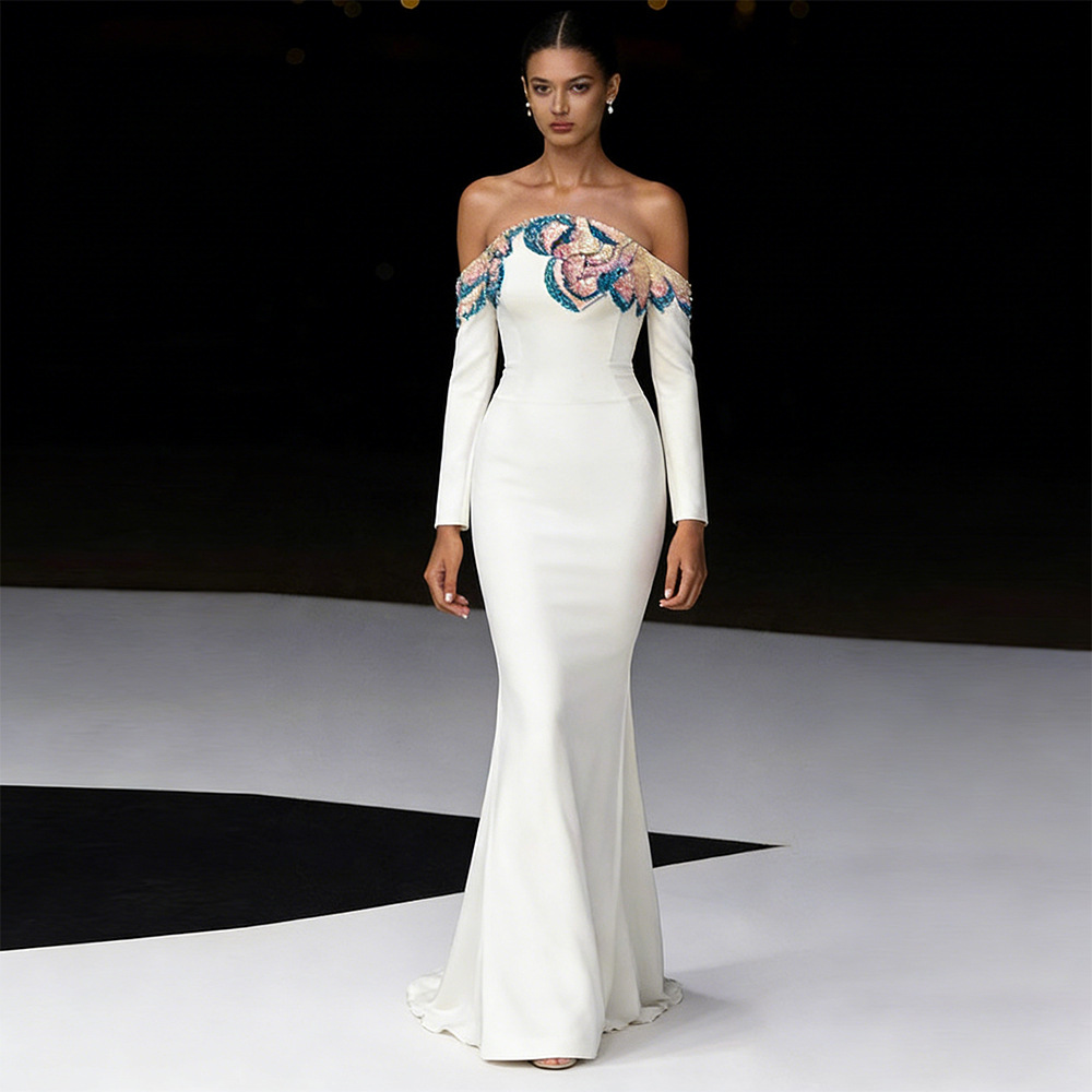 Banquet Dress 2026 New Style European and American Celebrity Off-Shoulder Heavy Beading and Rhinestone Embellished Long Gown