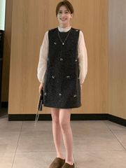 小七小香风背心裙女秋冬新款休闲时尚气质无袖直筒连衣裙套装