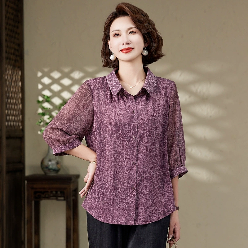 Весенний и летний новый стиль иностранного платья мамы с семью рукавами рубашка 2025 среднего и пожилого женского темперамента рубашка с уменьшением возраста рубашка оптом