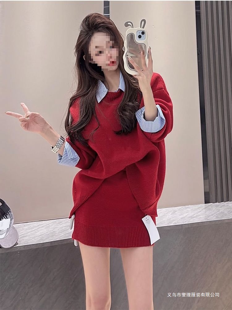 韩系拼接衬衫领针织两件套洋气显瘦假两件毛衣女高腰修身短裙套装