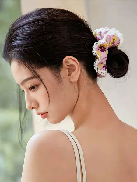 Fitness Yoga Lace Trim Double-Layer Scrunchie Hair Tie Elegant Bun Hair Rope Hairband