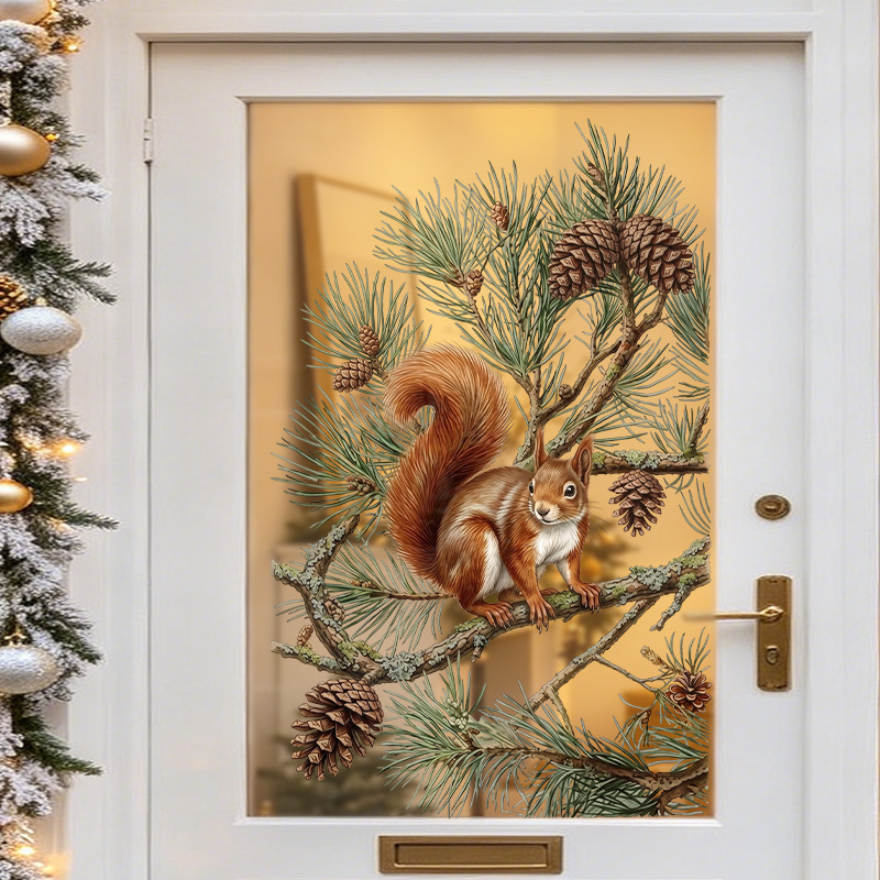 Christmas squirrel decorations, electrostatic glass door stickers, pine cone branches for windows, atmosphere-enhancing for the living room, Amazon