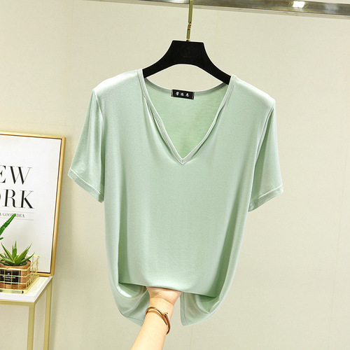 Women's Summer V-Neck Modest Short Sleeve T-Shirt Loose Korean Style Large Size Plain Color Base Layer Top Wearable Inner Shirt