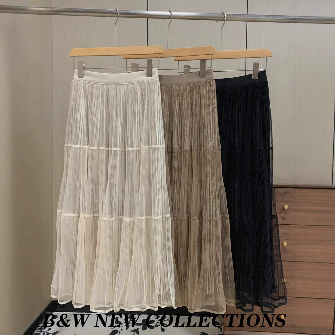 Корейский стиль, нежная элегантная бархатная подкладка, плиссированная сетчатая юбка с высокой талией, женская новая длинная юбка осень-зима 2025