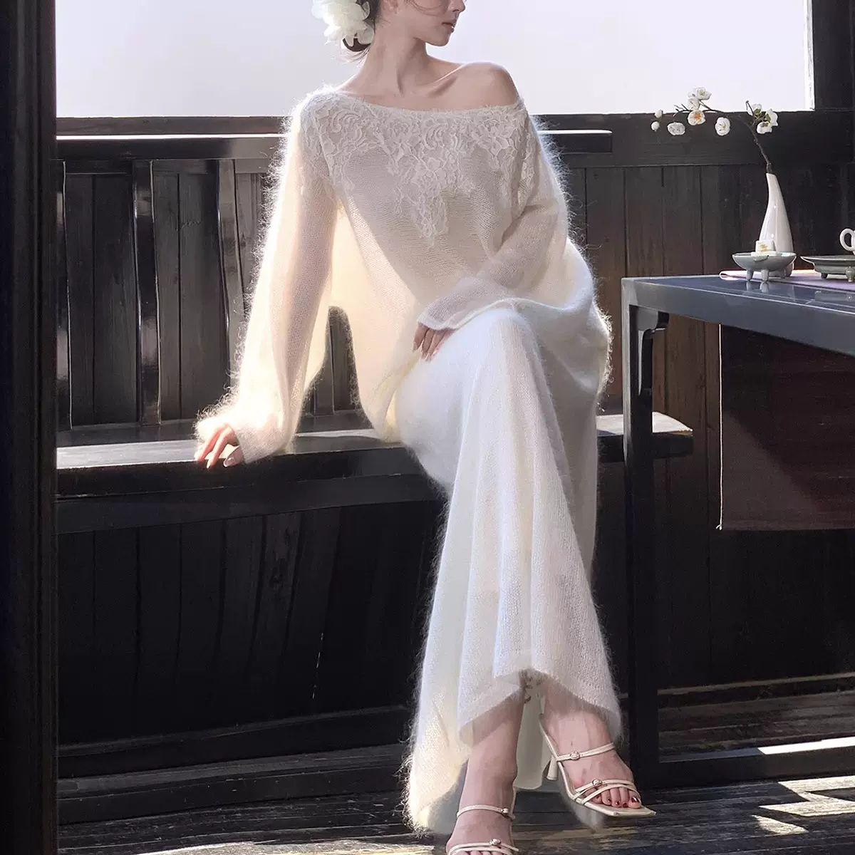 【清茶半盏】温柔一字领蕾丝毛衣马海毛上衣搭针织半裙秋时尚套装