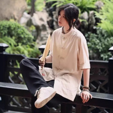 衬衫新中式中山装男女同款麻棉中国风复古中袖衬衣盘扣宽松上衣服