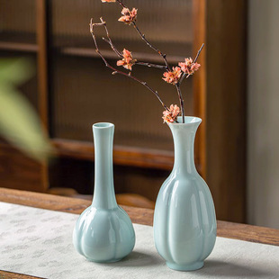 Jingdezhen Imitation Song shadow cucumber edge bottle vintage Zen ceramic vase home desktop decoration Chinese flower arrangement vessel