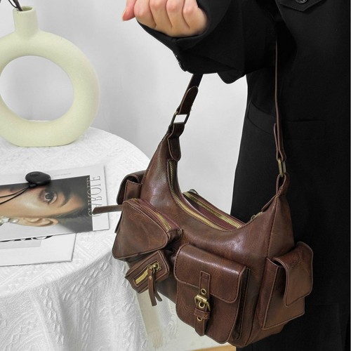 Large Capacity Shoulder Bag for Women, Korean Version, Ins Style, Trendy, Multi-Pocket, Retro tote motorbike bag