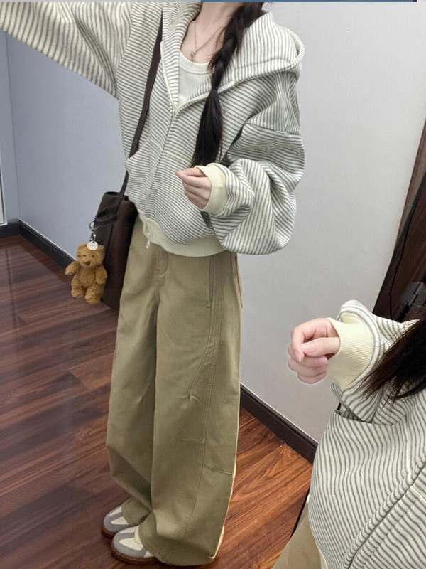 韩系慵懒风条纹拉链连帽卫衣外套女2025新款秋冬百搭显瘦开衫上衣|undefined
