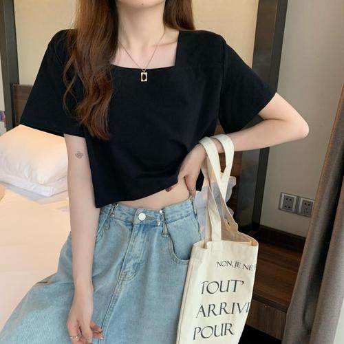 Women's Short-Sleeve T-Shirt with Slimming Design, Versatile Summer Top, Edgy French Square Collar, Stylized Short Tunic