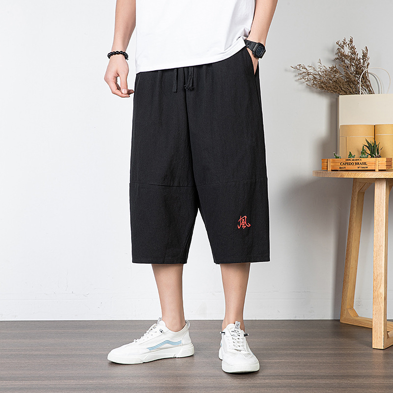 トレンディなブランドの男性用クロップドパンツ、リネンショートパンツ、無地の中国風紳士服、ルーズストレートビーチパンツ、トレンディなコットンとリネンのパンツ|undefined