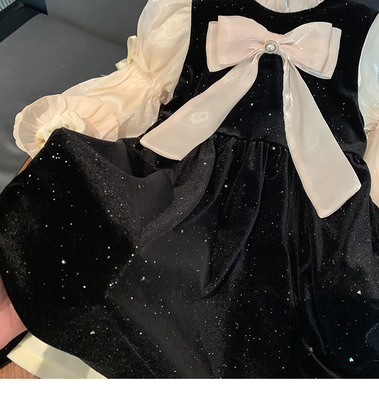 Girls' Spring and Autumn Long sleeved High end 2023 Western style Hepburn Small Fragrance Bow Bubble Sleeve Dress_voghion.com