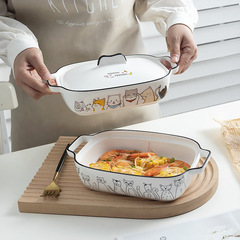 焼き皿蓋付きチーズ焼きボウル陶磁器ネット赤新商品両耳焼きボウル電子レンジ皿長方形家庭用料理皿