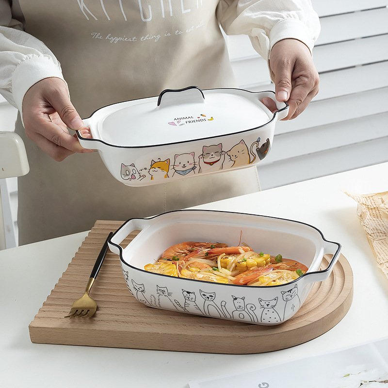 Baking tray with lid cheese baked rice bowl ceramic net red new binaural baking bowl microwave oven plate rectangular household dish