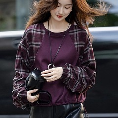 复古格纹拼接卫衣女25秋季新款圆领抽绳下摆松弛感休闲上衣