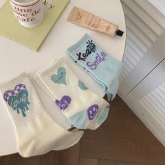 Sneaker Doodle English Design Fluorescent Green Couple Color Matchable Men's and Women's Socks Ins Trendy Medium Calf Socks Trendy Socks