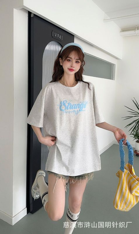 2025 レタープリント Tシャツレディース夏新作ゆったり大判ロング半袖前後発泡立体大判プリント|undefined