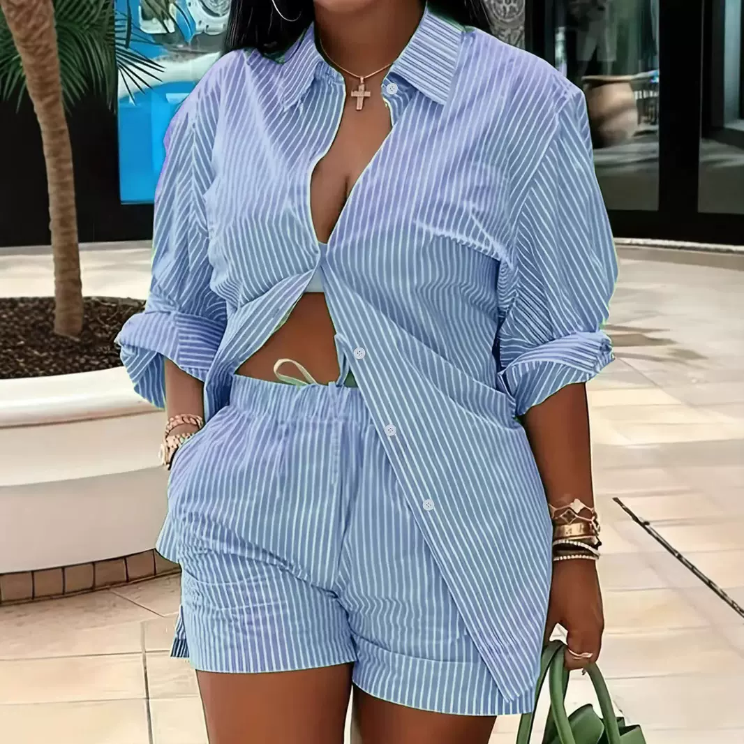 DHN124欧美跨境女装夏季休闲蓝色条纹短袖衬衫与短裤度假风格套装
