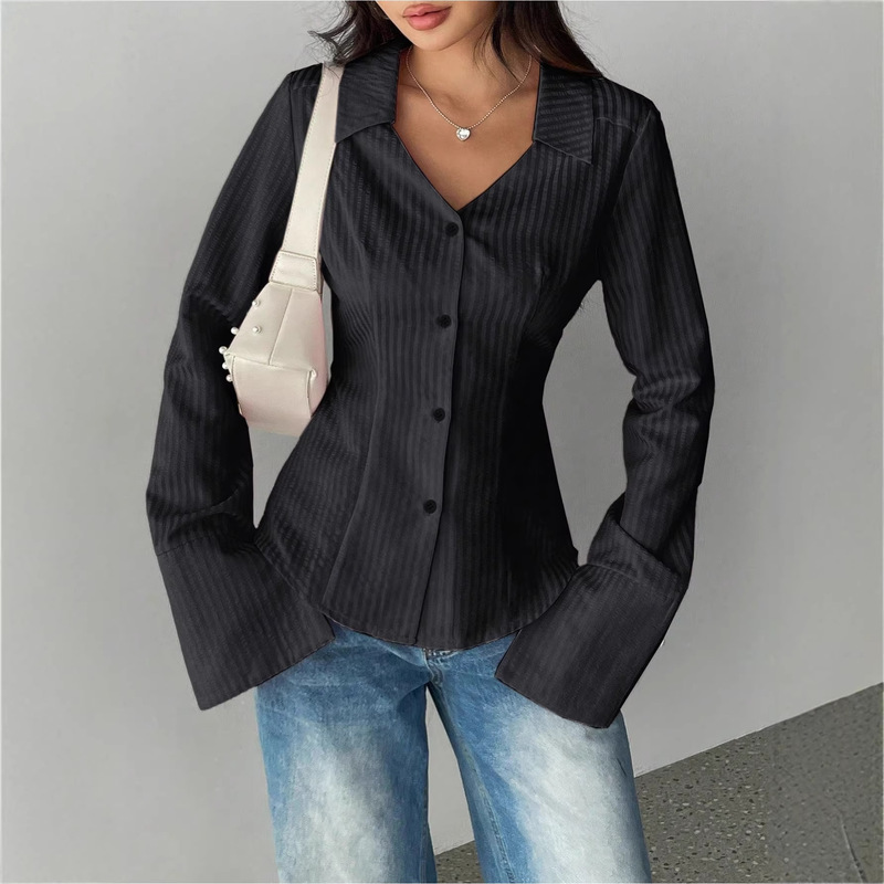 European and American Women's Clothing Amazon Temu Cross-Border Autumn Foreign Trade Style Women's Striped Printed Button-Down Shirt Elegant Long-Sleeve European and American Women's Clothing Amazon Temu Cross-Border Autumn Foreign Trade Style Women's Striped Printed Button-Down Shirt Elegant Long-Sleeve