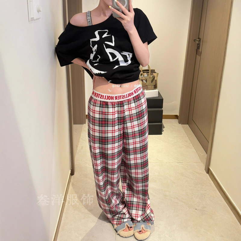 Letter Correct Hollister Little Seagull Plaid Pants American Loose Slimming Look High-Waisted Straight Pants Casual Pants