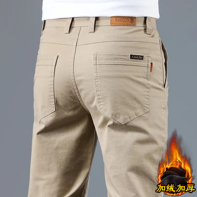 Men's Fleece-Lined High-End Casual Pants Winter Thick Straight Slim Business Dress Pants