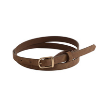棕色细款pu皮带女士复古做旧针扣牛仔裙腰饰高级感百搭褐色腰带