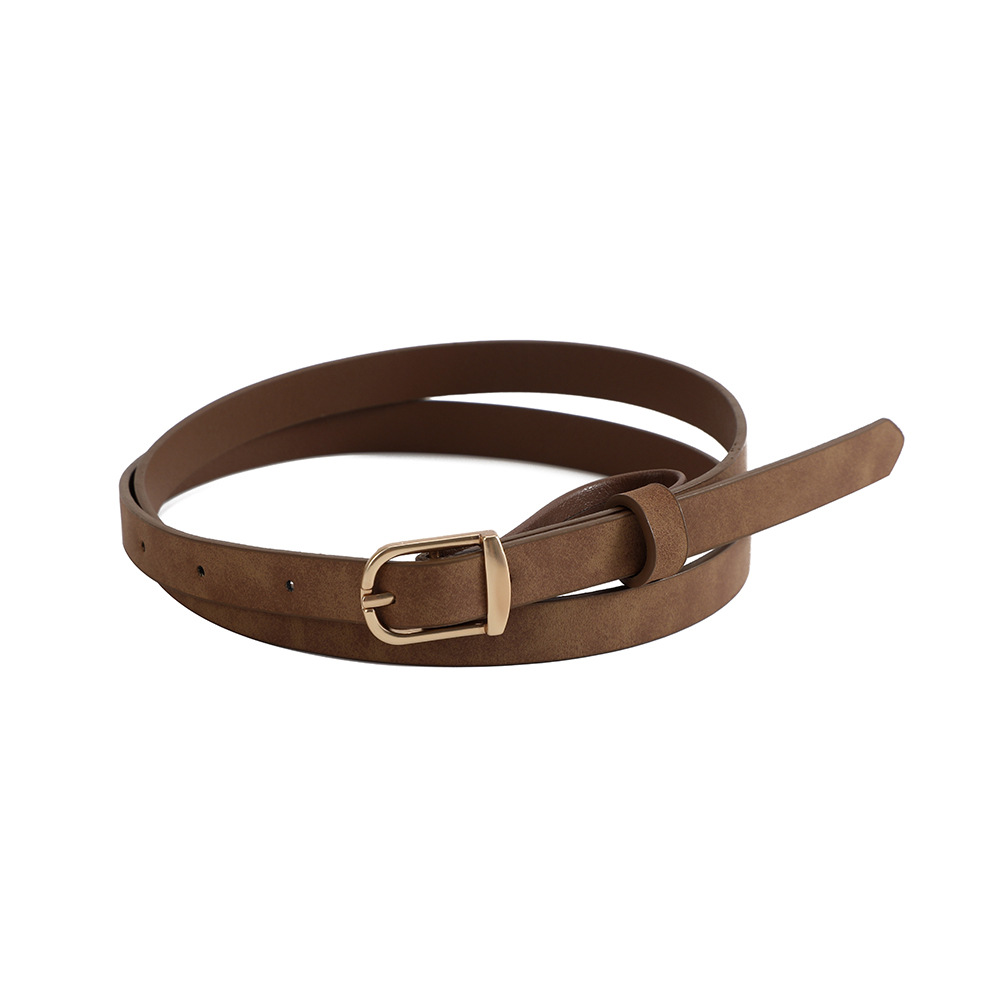 棕色细款pu皮带女士复古做旧针扣牛仔裙腰饰高级感百搭褐色腰带
