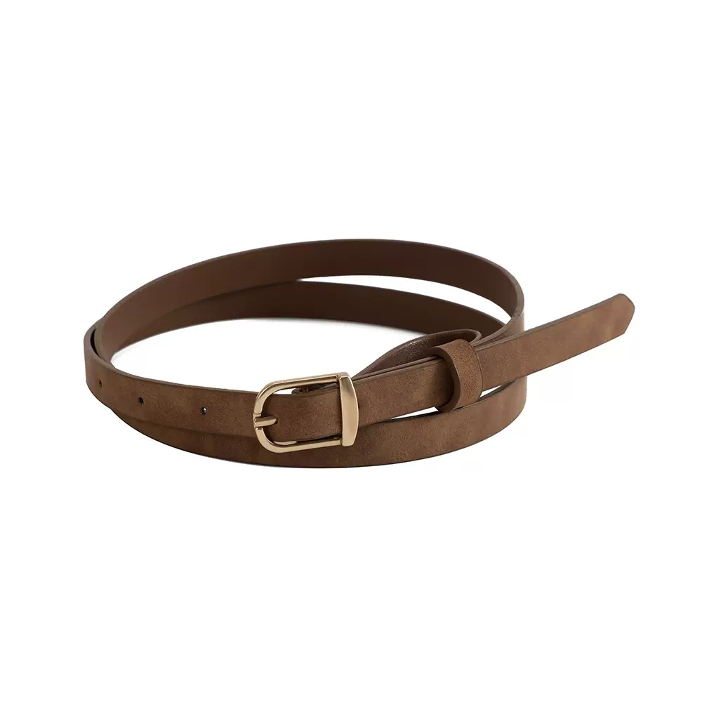 棕色细款pu皮带女士复古做旧针扣牛仔裙腰饰高级感百搭褐色腰带