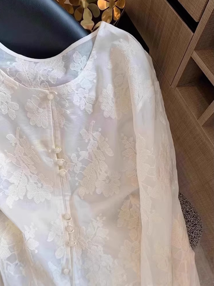 Áo sơ mi ren trắng phong cách Trung Quốc mới, dáng rộng, tay ngắn, chống nắng mỏng mùa hè — Màu mơ ([phiên bản chống nắng một lớp])