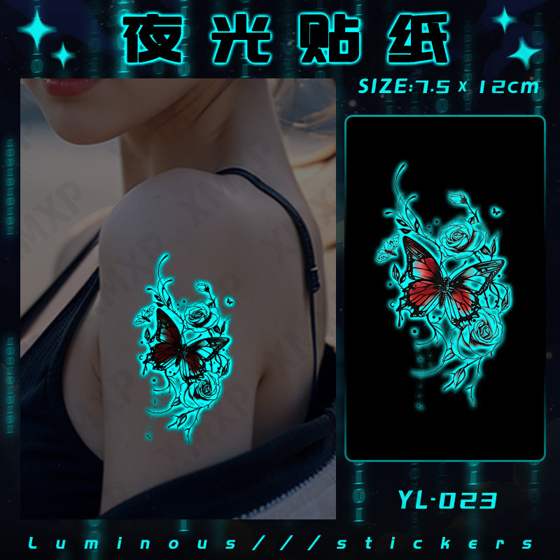 Xm&Xp Blue Luminous Tattoo Sticker Female Waterproof Long-Lasting Ins Gothic Retro Dark Rose Butterfly Flower