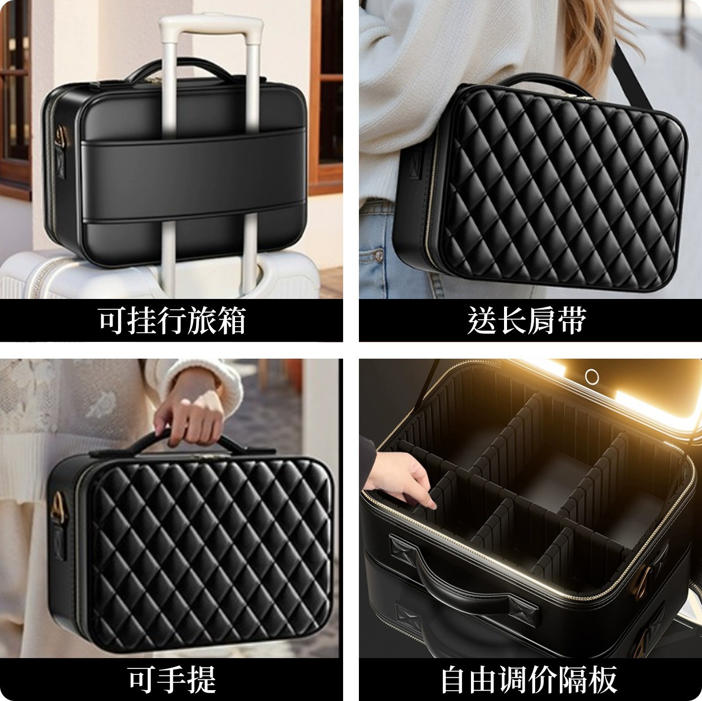 Caja de maquillaje con lámpara LED, bolsas de maquillaje con espejo, bolsas de almacenamiento portátiles de gran capacidad y maquillaje personalizado.