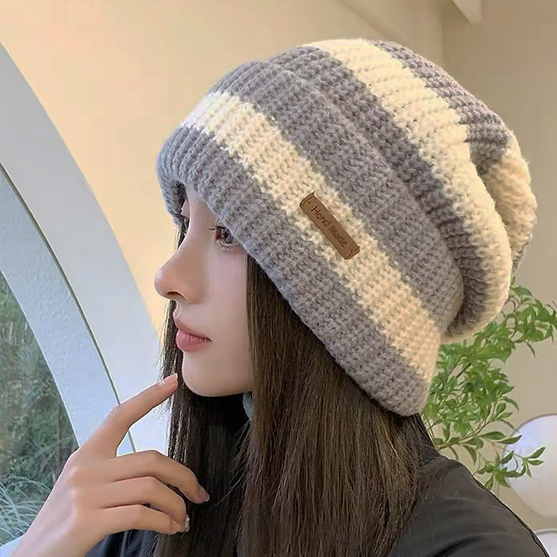 Japanese Retro Letter Small Label Striped Large Version For Women Autumn Winter Warm Versatile Knitted Slouchy Hat_voghion.com