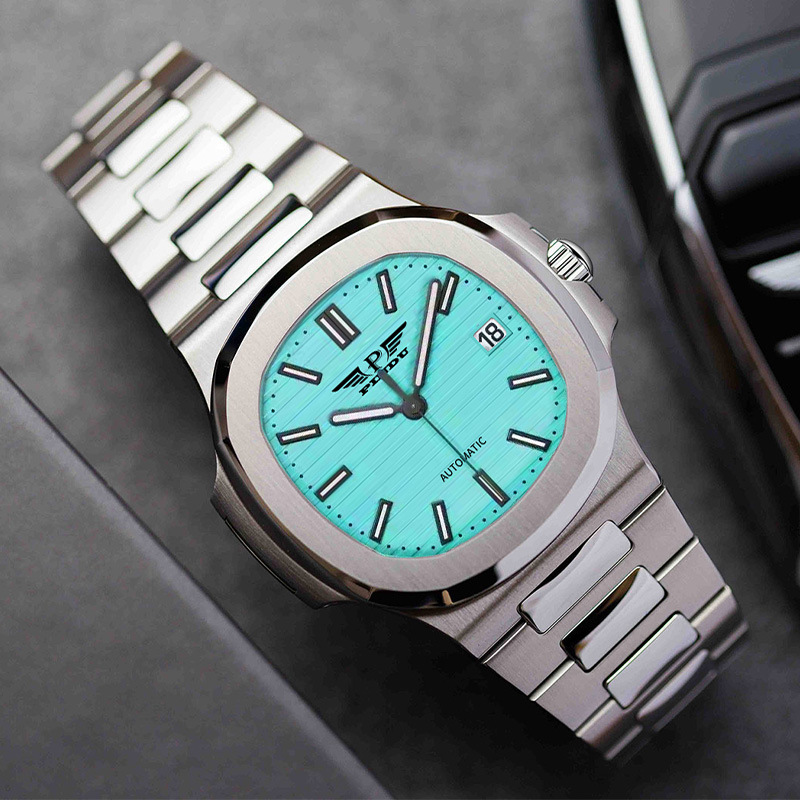 Đồng hồ nam mặt vuông cỡ lớn phong cách doanh nhân — 6501 Tiffany không khoan, 6501 đai thép mặt xanh không khoan